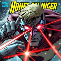 photo of a cover of comic book where homelander from the boys use his laser eyes against human, depth of field, 5 0 mm lens, digital photography