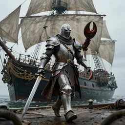 a photo of the Lobster Knight walking onto an old run down sailship with a claw arm and a human arm holding a sword, 8k, hyper realistic,fine details, foreboding