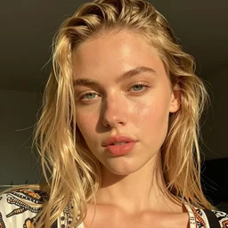 head shot photo of a blonde female model in her twenties, hair wet, wearing a designer top, looking content, photo realistic, extreme detail skin, natural beauty, no filter, slr, golden hour, 4 k, high definition, selfie