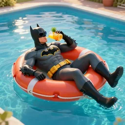 full body photo of batman, he is lying over a colorful life preserver and relaxing while he is floating over a giant pool, he is drinking an exotic pineaple drink and wearing sunglasses, golden hour, high detail, unreal engine 5, trending on artstation