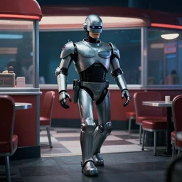 robocop walks into nighthawks diner. style of hopper, 8 k hd, priceless, moody, anatomically correct, realism, trending on artstation.