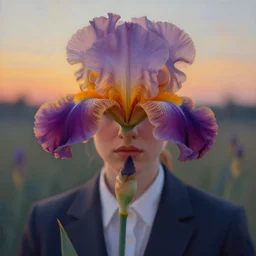 close - up, face with a huge iris flower, front, girl in a suit, surreal photography, sunrise, dramatic light, impressionist painting, digital painting, artstation, simon stalenhag