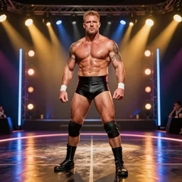 Dr Steve Brule as a hunk wrestler, promotional photo, neon studio lighting, highly reflective