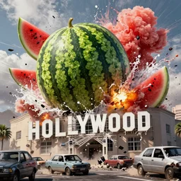 a giant watermelon splash ,big impact hit on the building, explode and chaos, Holywood scene, full color, broken cars, real picture