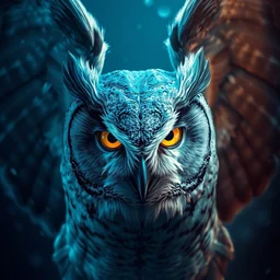 close up portrait of a gray owl attacking with spreaded wings, bright golden eyes in the night, blue night lighting, symmetrical, album cover art, highly detailed, digital painting, artstation, concept art, sharp focus, cinematic lighting, illustration, art by artgerm and greg rutkowski, alphonse mucha, cgsociety