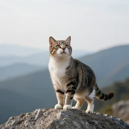 a cat standing on the top of a mountain, looking up, realistic