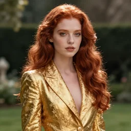 portrait of a girl with long red hair, very beautiful style, girl in a garden, in a gold suit, photorealism, deborah lou turbeville,