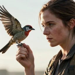 Ellie from the Last of Us with a bird on her fist, closeup of fist, digital portrait by Greg Rutkowski, intricate, sharp focus, cinematic, epic, artstation