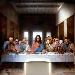 the cast of What we do in the shadows in the painting of the last supper by leonard da vinci