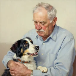 high quality high detail painting by norman rockwell, hd, old man with is dog, muted pastel colors, photorealistic lighting