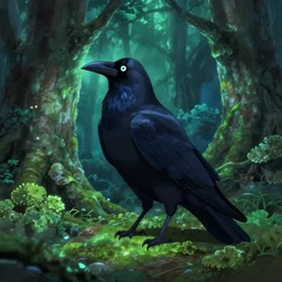 female raven yokai in the lichen woods. safe for work, complementary colors, anime still, luminescent, 4 k, chiaroscuro, rimlight.