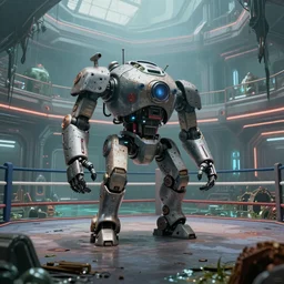 amazing detailed lucid surreal rendering by wes anderson and greg rutkowski, octane render, volumetric lighting, depth of field, futurisitic boxing gym in a dying utopia, radioactive swamp, dnd kobold mech robot