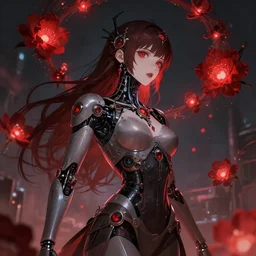 detailed, sharp, dreaming humanoid female android wearing gothic ornament surrounded by glowing red flowers floating in above a dystopia by Anna Dittmannand, by hayao miyazaki, digital art. surreal. trending on art station. anime arts. featured on Pixiv, HD, 8K, highly detailed, good lighting. beautiful. epic.