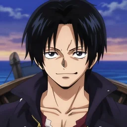 style of madhouse anime, revy from black lagoon, symmetrical eyes and symmetrical face, on a boat, smirk on face, evening