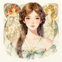 a watercolor portrait illustration by sui ishida and alphons mucha of a bishoujo as korean emma watson holding peach, highly detailed anime eyes wearing wearing mixed plaid fashion by issey miyake and balenciaga 8 k