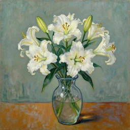 white lilies in vase on table, natural lighting, painting by vincent van gough