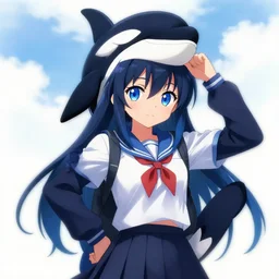 digital anime art , a anime girl in a school outfit wearing a orca on her head, posing for the camera, blue eyes Rossdraws, WLOP
