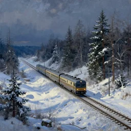 winter snowy night landscape railroad forest distant train oil painting wide angle