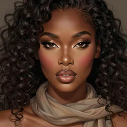 A beautiful black skinned woman wearing a scarf with large lips and smooth eyebrows and curly hair, complimentary eyeliner, light blush and metallic eyeshadow, HD, illustration, epic, fantasy, intricate, elegant, amazing detail, digital painting, artstation, concept art, smooth, sharp focus, illustration, art by Turine Tran