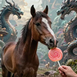 horse eating horse lollipop, epic fantasy art, trending on artstation, mystical, dragons, mystical atmosphere, high detail, high definiton, fantasy art by craig mullins, thomas kinkade