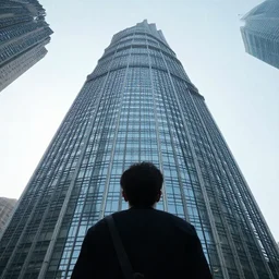 a persons view of skyscraper from below, looking up