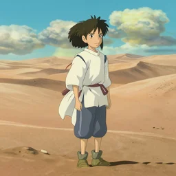 haku from spirited away as a prince in a vast desert, drawn by hayao miyazaki