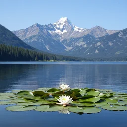photo by ansel adams lake with mountains, water lily in the foreground