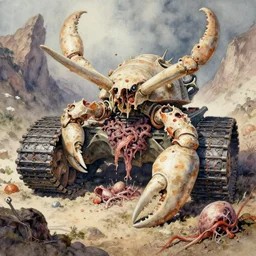 watercolor surgical crustacean claw panzer, tank treads macerated in cluster of shredded necrotized gastric biohazards valley by richard corben, bernie wrightson, ian miller, & albrecht durer, fine art masterpiece baked at 3 0 0 f, matte painting, dystopian lighting, photorealistic render, cinematic,