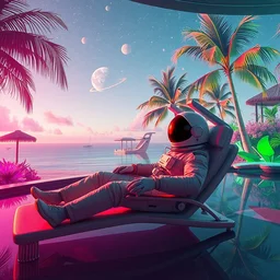 an astronaut lounging in a tropical resort in space, vaporwave