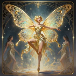 dancing fairy with butterfly wings, intricate, d & d, powerful, fantasy, art nouveau, digital painting, trending on artstation, sharp focus, wide shot, illustration, global illumination, ray tracing, art by whimmy and ruan jia and peter polach