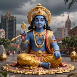 high quality 3 d render ultra realistic mischievous hindu god lord krishna sitting, gold madhubani, highly detailed, stunning!! mumbai in the background, unreal engine cinematic smooth, szukalski, moody light, low angle, uhd 8 k, sharp focus