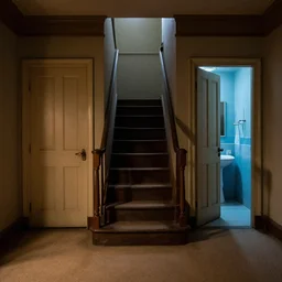 dark nostalgic empty house with stairs in the middle and doors on either side, one door is closed and the door on the right is open to a blue bathroom, tan carpet