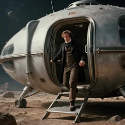 film still from a sci fi movie made in 2022, set in 1860, of a man leaving a spaceship, that has just landed on an alien planet, wearing 1860s era clothes, cinematic lighting, 4k, sharp focus, detailed
