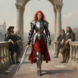 young redhead pale woman in dark and red princess dragon armor, she is holding a sword, walking on an ancient neoclassical bridge. by henriette ronner - knip, by william henry hunt, by rembrandt, by joseph mallord william turner, by konstantin razumov, concept art,