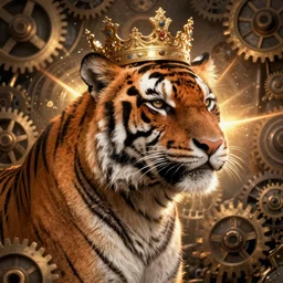 Dream, tiger, gears, steampunk. portrait, crown, environment