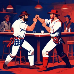 inspiring barroom brawl. men duking it out. tough guy big fist. americana, strong red white blue colors ; darkness and depth. strong linework vectorized and flattened ; illustrated by goya goya,,,,,,, by artemisia gentileschi, by theodore gericault,