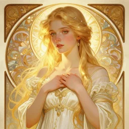 digital character concept art by artgerm greg rutkowski alphonse mucha sylvain sarrailh. clear portrait of a shy modern wife blessed by god to grow immaculately fertile and perfect!! blonde, in clothes! holy body! light effect. hyper detailed, glowing lights!! intricate, elegant, digital painting, artstation, smooth, sharp focus