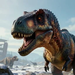 fallout 5, a dinosaur as protagonist, head closeup, atmospheric lighting, painted, intricate, volumetric lighting, beautiful, daytime, winter, clear weather, mutated wildlife, sharp focus, deep colours, ultra detailed, art by william turner
