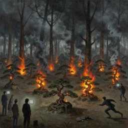 a surreal painting of a bleak forest of small japanese bonsai trees on fire, smoke in the sky, people standing around screening and running, ominous, in the style of goya