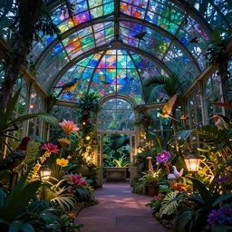 magician's tropical greenhouse garden with colored glass cover, outside of time and space, birds, flowers, fairy tale, night lighting, gorgeous lighting, dramatic cinematic lighting, intricate, highly detailed, low angle view, mysterious, comfort, in the style of aetherpunk, 8 k