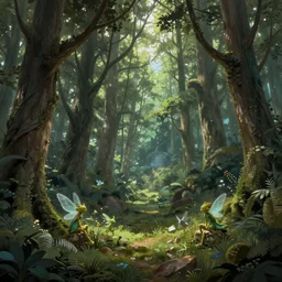 Hidden forest community, Fae Faeries, landscape, daytime, fantasy, intricate, elegant, highly detailed, digital painting, artstation, concept art, smooth, sharp focus, illustration, volumetric lighting