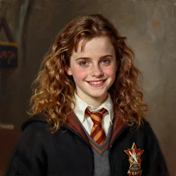 Painting of Emma Watson as Hermione Granger. Young. Smiling. Happy. Cheerful. Prisoner of Azkaban. Art by william adolphe bouguereau. Extremely detailed. Beautiful. 4K. Award winning.