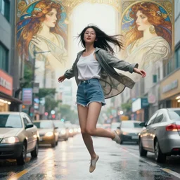 a beautiful young korean teenager girl, glasses, levitating middle of gangnam seoul korea, during rainy day, traffic by jeremy mann and alphonse mucha, photo realistic, dynamic lighting, windy, artstation, poster, dreamy, volumetric lighting, ethereal, 4 k, high detail
