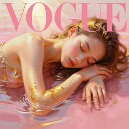 3 d, close - up, liquid gold and pink water, sleepy fashion model, morning, sun rays, vogue cover style, poster art, hyper detail, intricate oil painting, multiple exposure, morning mood, 3 d, by tooth wu and wlop and beeple and greg rutkowski