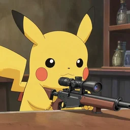 pikachu looking down a barret .50 cal sniper rifle's sight in the style of studio ghibli