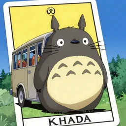 a panda bus in japan like totoro, 1990s anime, full color, tarot card the chariot, highly detailed ,