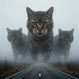An extreme long shot photo of a foggy deserted road, eery massive gargantuan cats coming out of the fog, megalophobia, 1120mm lens