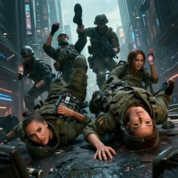 down angle view soldiers falling into a cyberpunk city one that looks like jessica alba detailed faces, realistic faces, photo realism