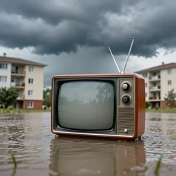 1 9 8 0 s television with storm clouds coming out, flooded 1 9 8 0 s apartment