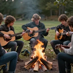 stalkers are sitting around a campfire with guitars, realism, maximum detail, high quality, good study of style, depth of field, focus, a picture of classicism